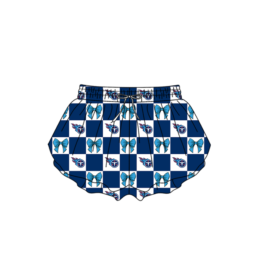 Preorder (moq 5)Baby Girls Blue T Bows Checked Team Ruffle Shorts Bottom