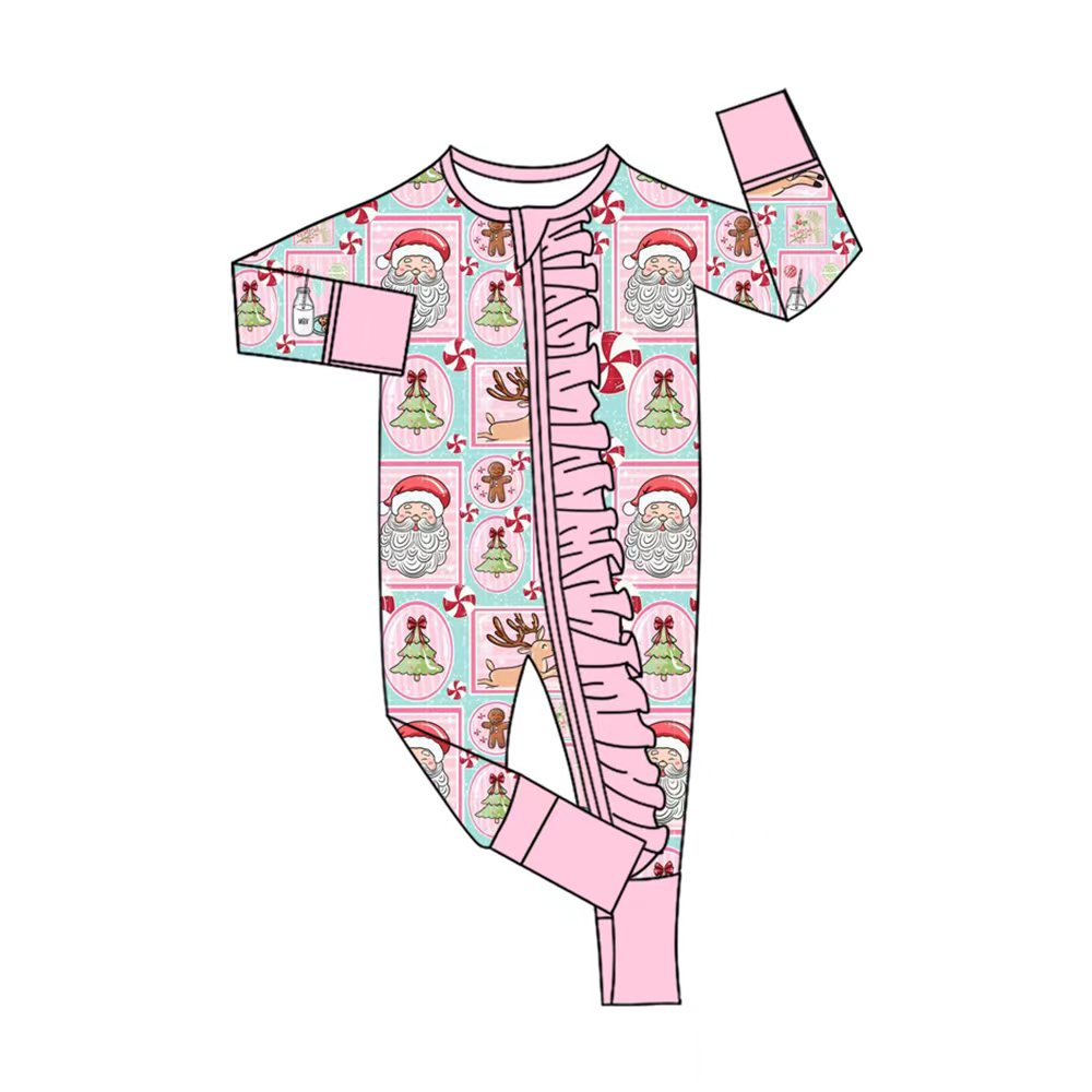 Preorder (moq 20)Baby Girls Bamboo Santa Trees Holly Christmas Zippy Footie Rompers
