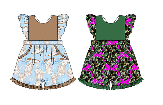 Preorder moq 5 Custom Baby Girls Flutter Sleeves Bows Boots Olive Leopard Pockets Jumpsuits