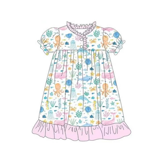 Preorder moq 5 Baby Girls Short Ruffle Sleeves Sea World Button Ruffle Knee Length Dresses