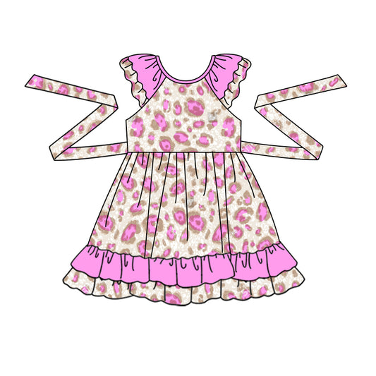 Baby Girls Pink Leopard Ruffle Knee Length Dresses preorder(moq 5)