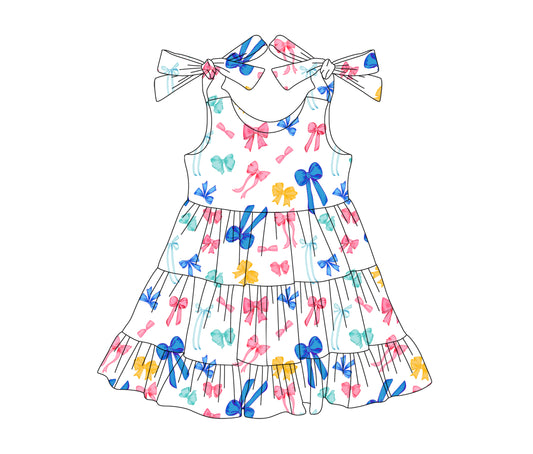 Preorder (moq 5)Baby Girls Strap Red Blue Bows Patchwork 4th Of July Knee Length Dress