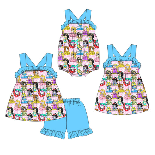 Preorder moq 5 Custom Baby Girls Blue Strap Cartoon Dogs Tunic Ruffle Short Sets Knee Length Dress Rompers