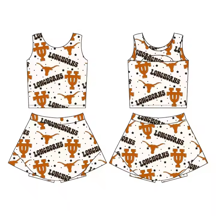 Preorder (moq 5)Baby Girls Longhorns Cow Team Sleeveless Top Skort Set