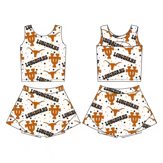Preorder (moq 5)Baby Girls Longhorns Cow Team Sleeveless Top Skort Set