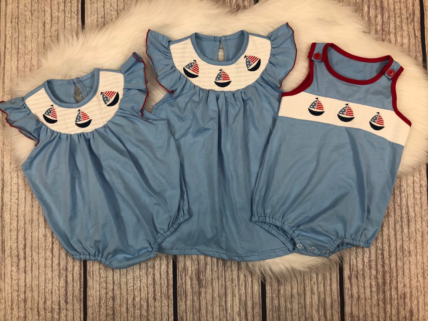 Sibling Smocked Baby Boys Girls 4th Of July Sailboats Rompers Dresses
