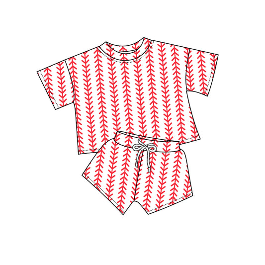Preorder (moq 5)Baby Girls Red Baseball Stripes Shirts Shorts Sports Clothes Sets