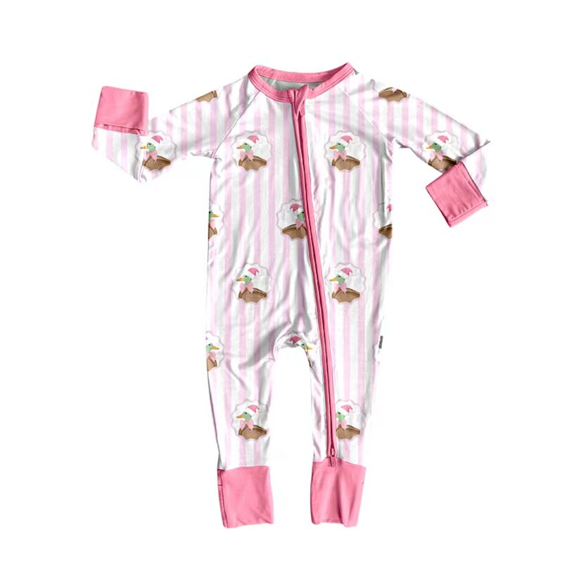 Preorder (moq 20)Baby Girls Bamboo Pink Stripe Christmas Hat Ducks Zippy Footie Rompers
