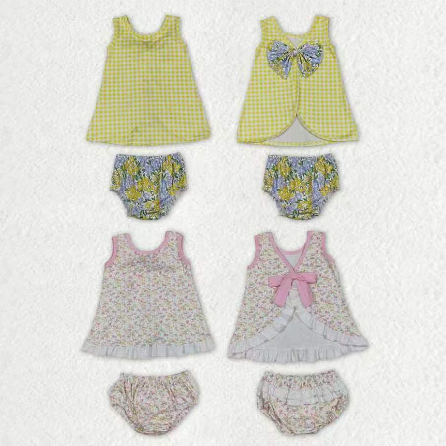 Sibling Baby Girls Sleeveless Back Bow Tunic Flowers Bummies Clothes Sets