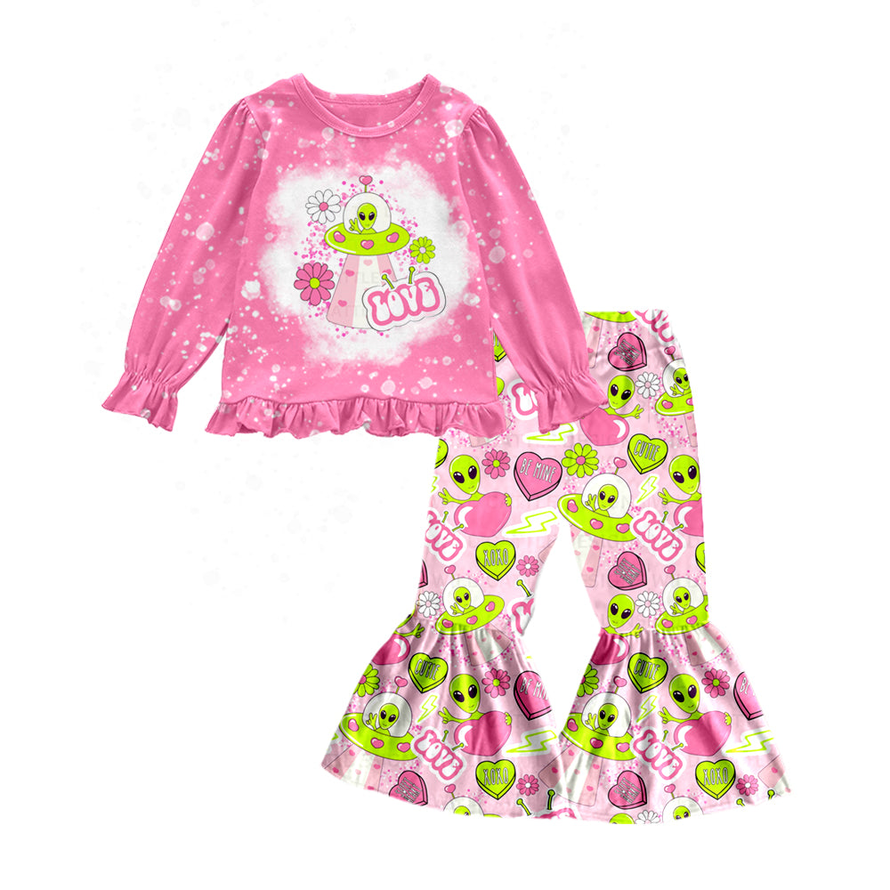Baby Girls Pink Valentines Cartoon Monter Tee Shirts Top Bell Pants Clothes Sets preorder(moq 5)