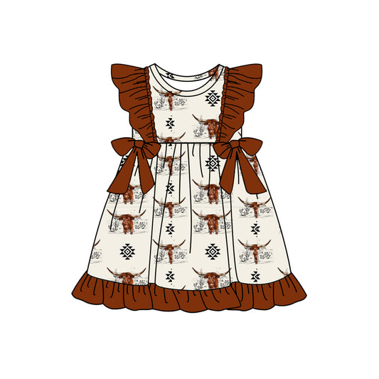 Preorder (moq 5)Baby Girls Western Cow Aztec Bows Knee Length Dresses