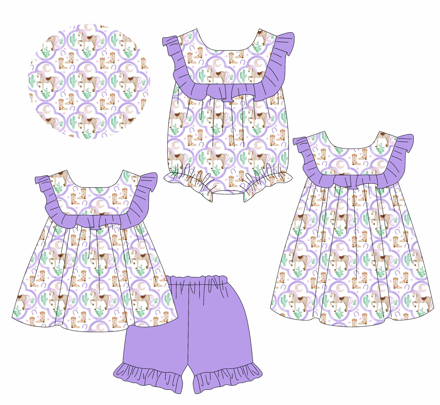 Preorder moq 5 Custom Baby Girls Purple Cactus Horse Tunic Ruffle Short Set Knee Length Dress Rompers