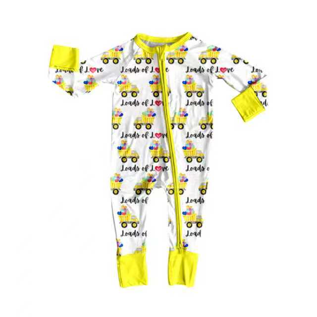Preorder (moq 20)Baby Boys Bamboo Yellow Hearts Trucks Valentine Zippy Footie Rompers