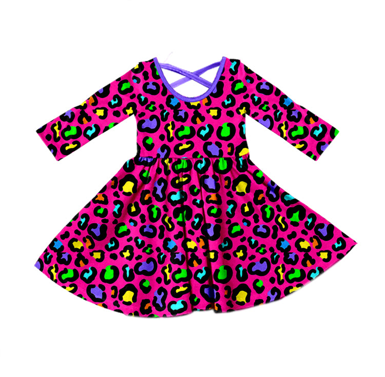 Preorder (moq 5)Baby Girls Pink Colorful Leopard Knee Length Dresses