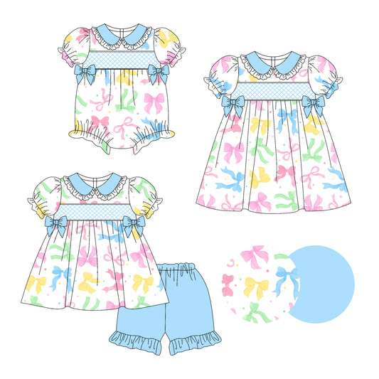Preorder moq 5 Custom Baby Girls Short Ruffle Sleeves Colorful Bows Tunic Blue Ruffle Short Set Knee Length Dress Rompers