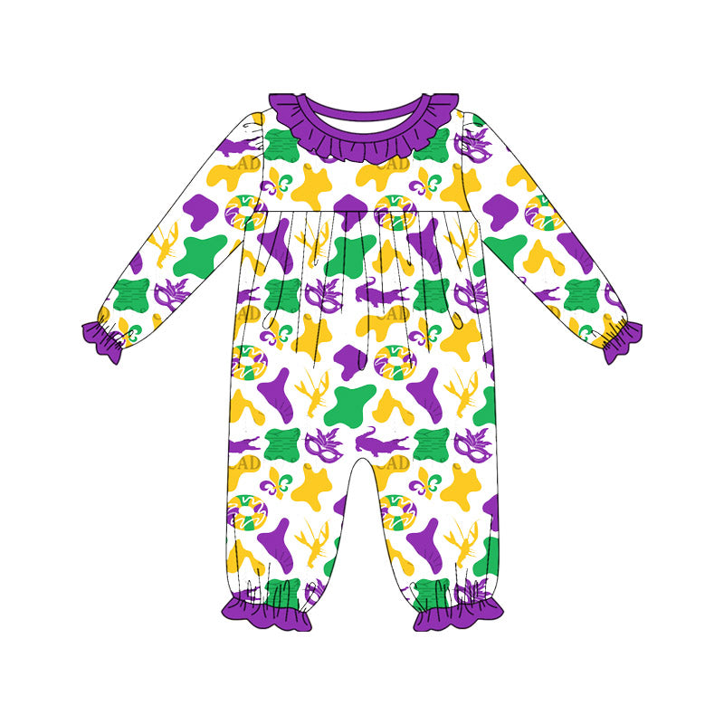 Preorder(moq 8)Baby Girls Mardigras Camo Crocodiles Ruffle Collar Footie Rompers