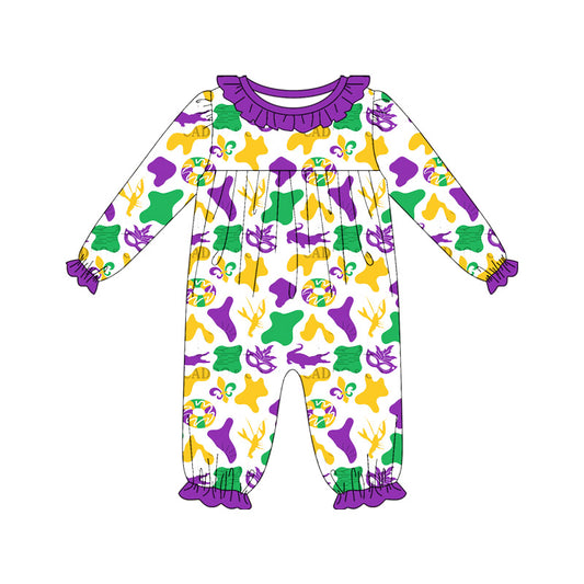 Preorder(moq 8)Baby Girls Mardigras Camo Crocodiles Ruffle Collar Footie Rompers