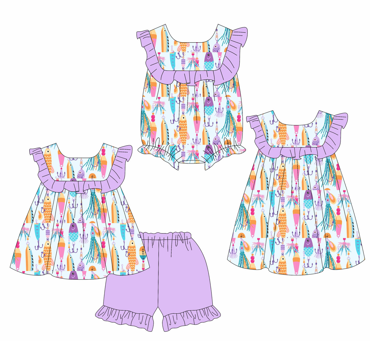 Preorder moq 5 Custom Baby Girls Colorful Fishes Tunic Ruffle Short Set Knee Length Dress Rompers