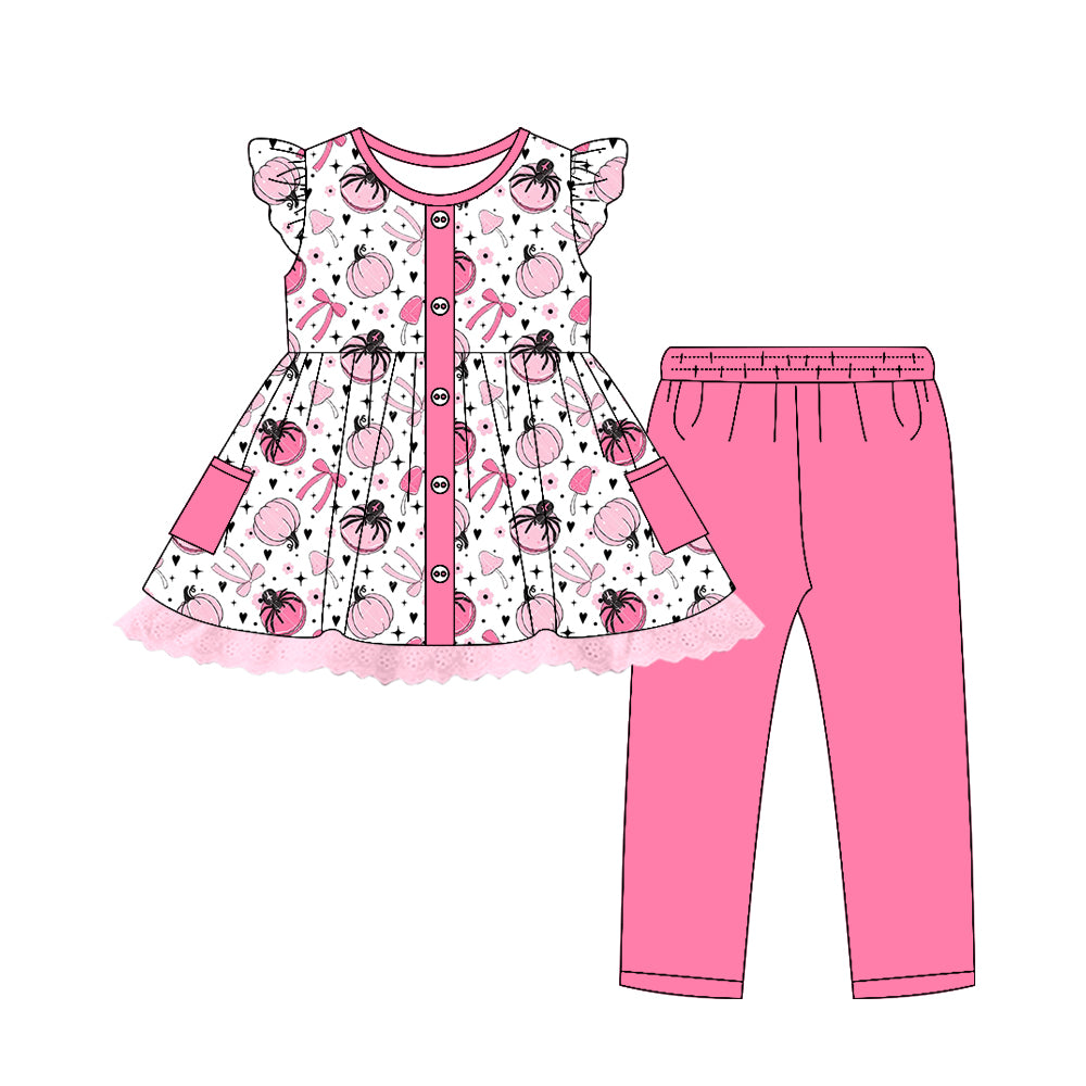 Preorder (moq 5)Baby Girls Flutter Sleeves Bows Pumpkins Button Tunic Leggings Pants Set