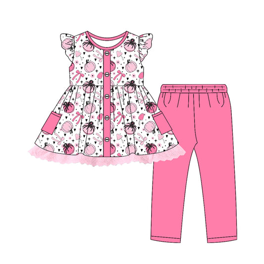 Preorder (moq 5)Baby Girls Flutter Sleeves Bows Pumpkins Button Tunic Leggings Pants Set