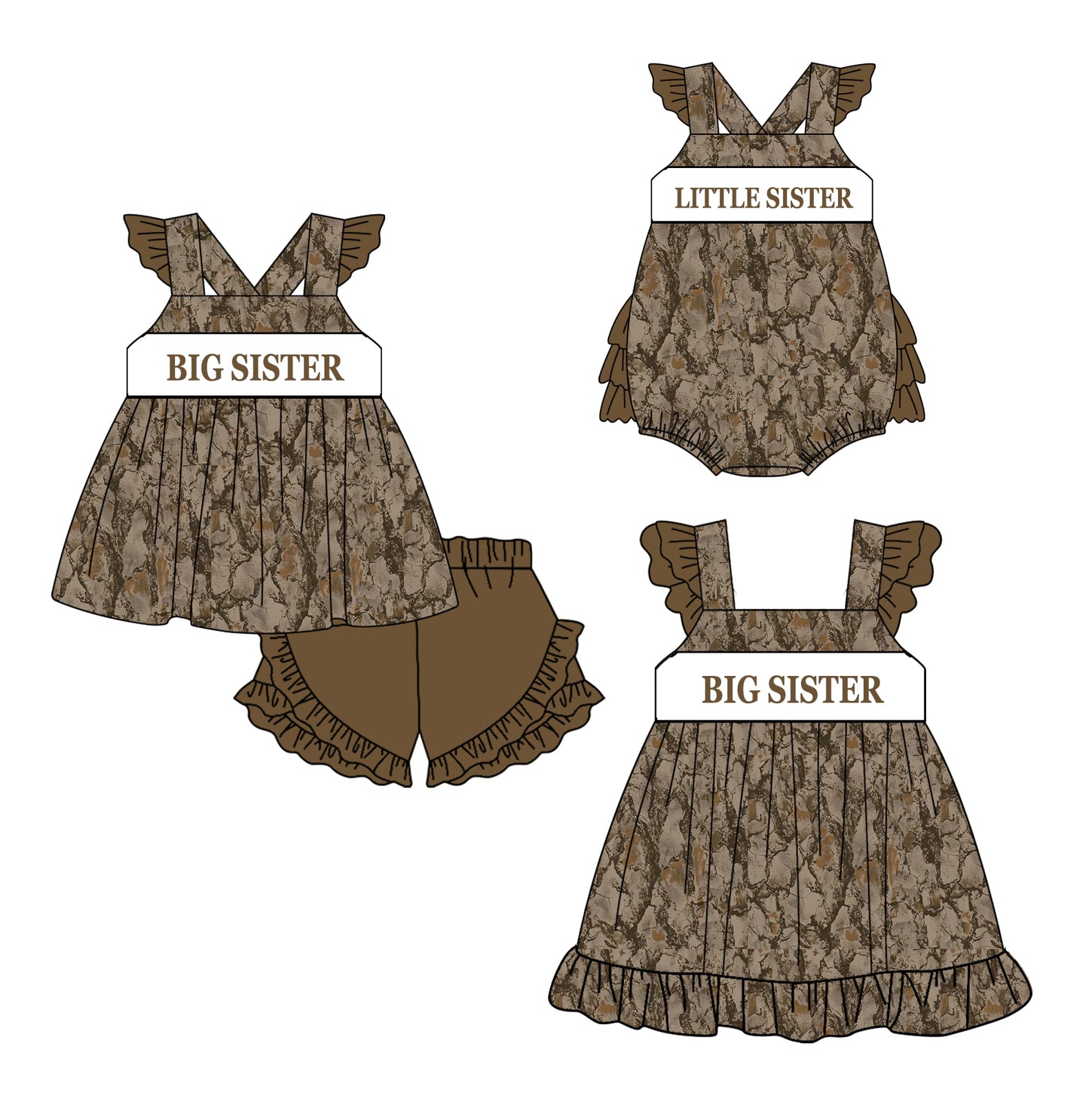 Preorder(moq 5 each)Sibling Baby Girls Brown Camouflage Big Little Sister Straps Romper Dress Shorts Sets