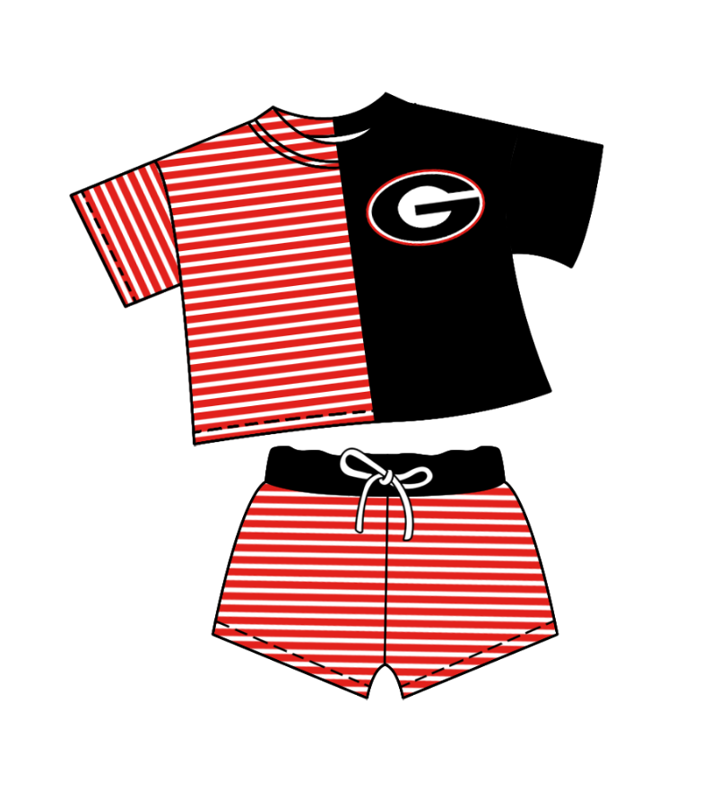 Preorder (moq 5)Baby Girls Red Stripe G Top Shorts Team Clothes Sets