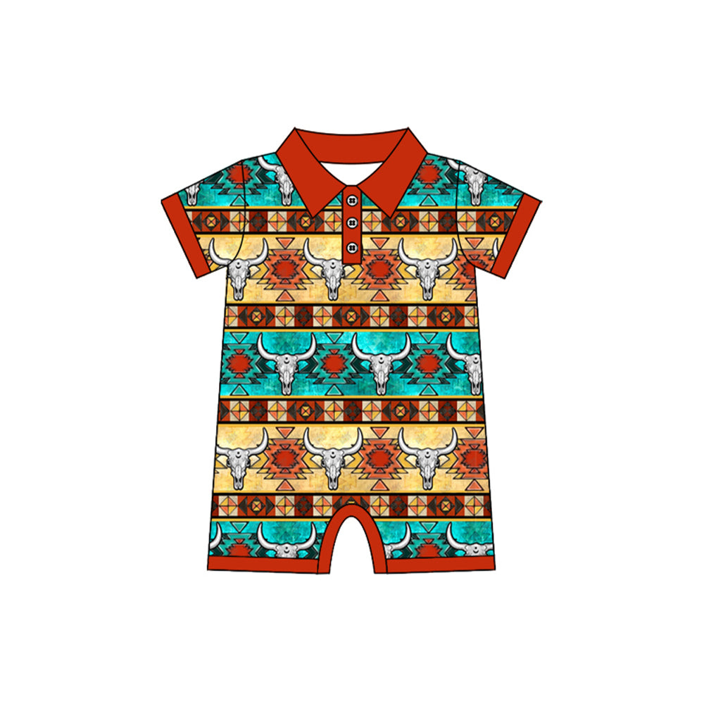 Preorder(moq 5)Baby Infant Boys Western Colorful Cow Aztec Rompers