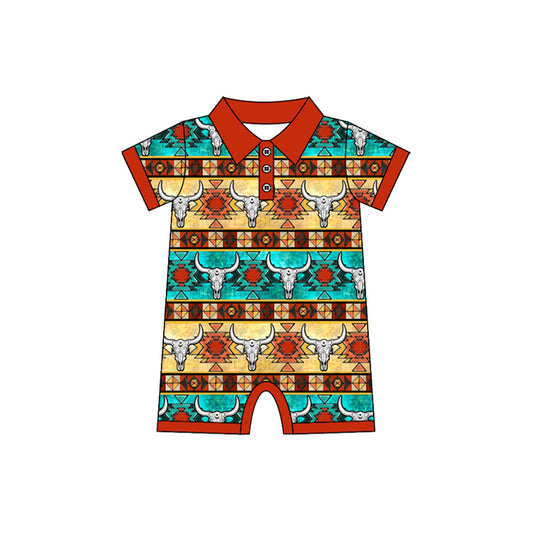Preorder(moq 5)Baby Infant Boys Western Colorful Cow Aztec Rompers