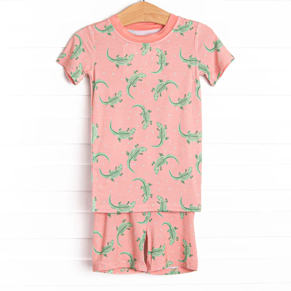 Preorder moq 5 Baby Girls Peach Short Sleeves Crocodiles Top Short Pajamas Set