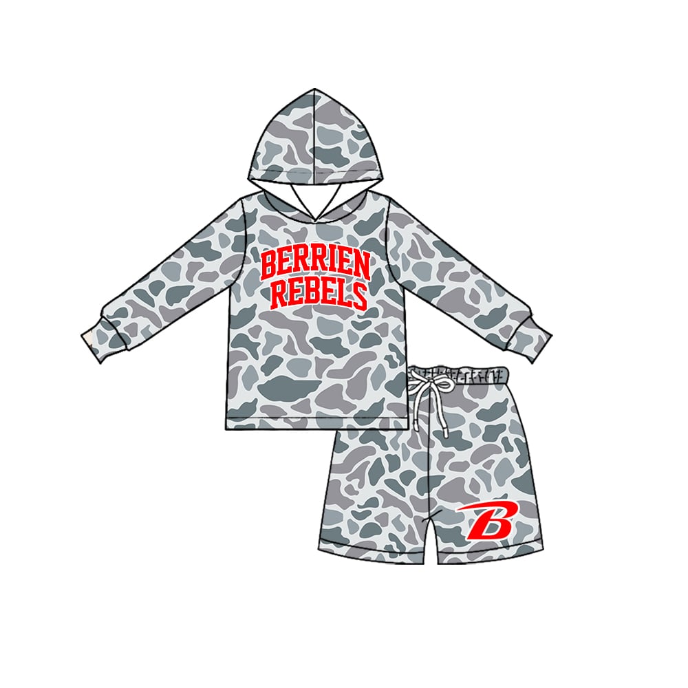 Preorder (moq 5)Berrien Rebels Baby Boys Grey Camo Pocket Hoodie Short Team Clothes Sets