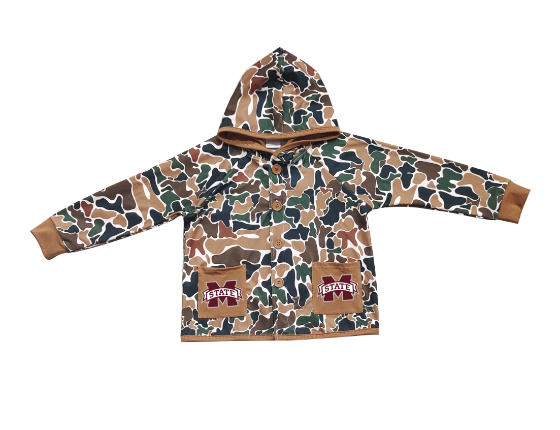 Preorder (moq 5)Baby Boys Dark Brown Camo M State Pockets Team Button Hoodie Jackets Top