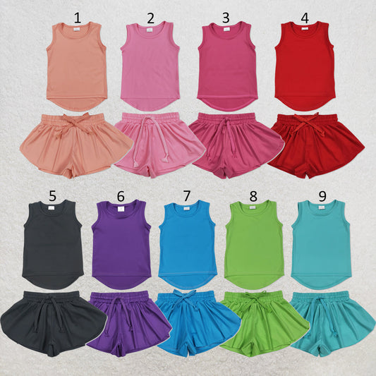 Sibling Baby Girls Sleeveless Colorful Yoga Vests Top Ruffle Shorts Set