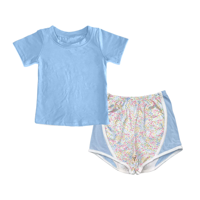 Preorder(moq 5) Baby Girls Light Blue Short Sleeves Shirts Top Floral Shorts Set