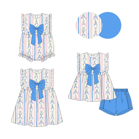 Preorder moq 5 Custom Baby Girls Sleeveless Floral Stripe Bow Tunic Blue Ruffle Short Set Knee Length Dress Rompers