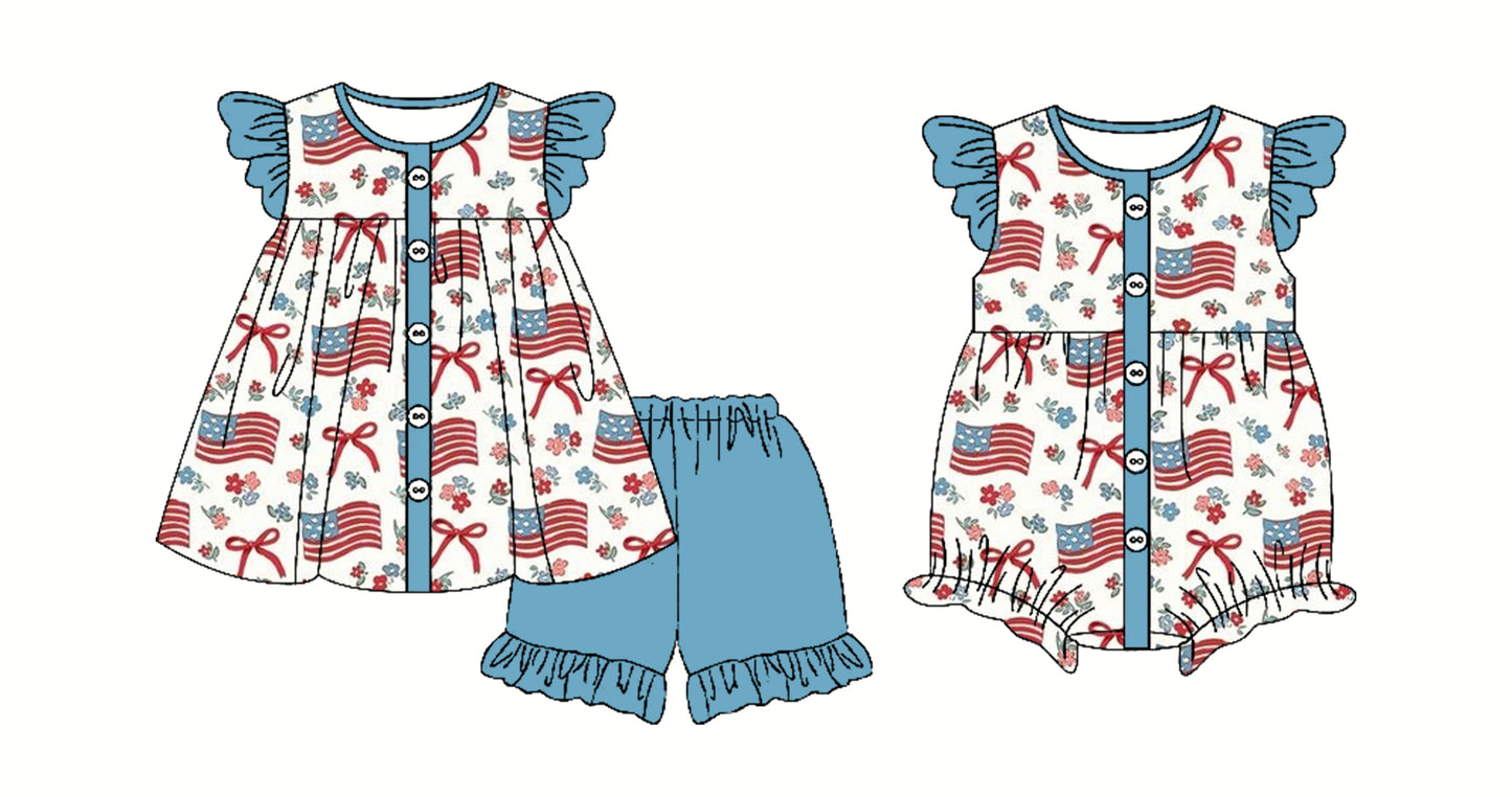 Preorder moq 5 Custom Baby Girls Blue Flutter Sleeves Red Flags Bows Button Tunic Ruffle Short 4th Of July Set Rompers