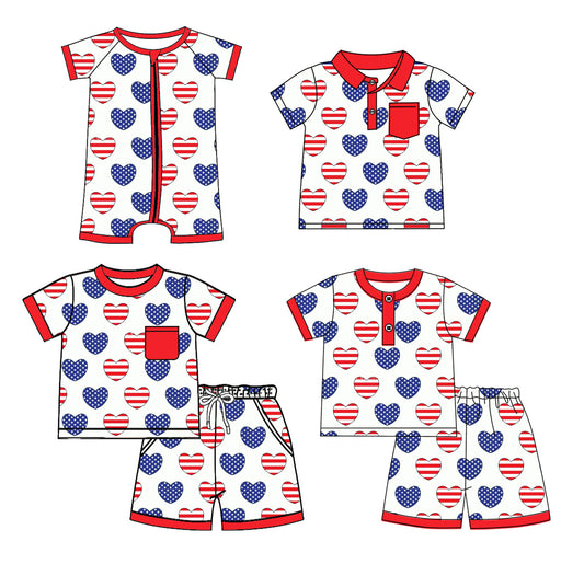 Preorder moq 5 Custom Baby Boys Short Sleeves Red Stripe Blue Stars Hearts Top Short Pajamas 4th Of July Set Polo Shirts And Zipper Rompers