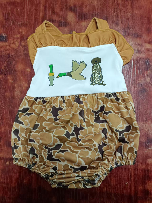 Preorder moq 5 Baby Girls Khaki Strap Dogs Duck Calls Camo Ruffle Rompers
