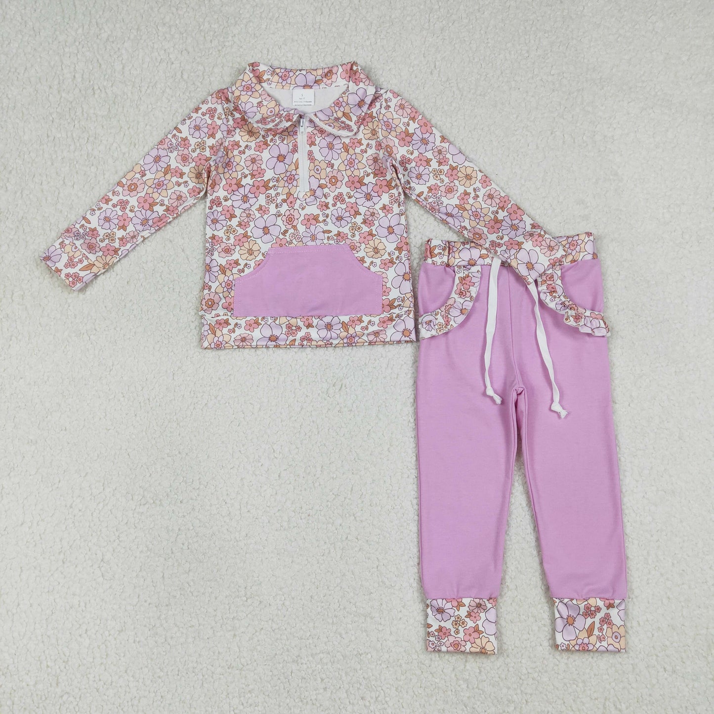 Baby Girls Colorful Flowers Zip Pocket Pullovers Jogger Pants Clothes Sets