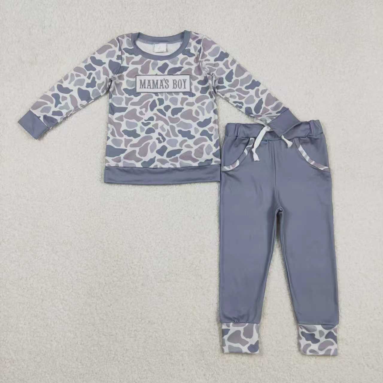 Sibling Baby Boys Embroidery Mama's Boy Light Grey Camo Pockets Pant Clothes Sets Hoodie Romper