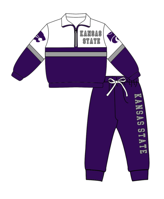 Preorder (moq 5)Baby Boys Kansas State Zipper Pullover Jogger Pants Team Clothes Set