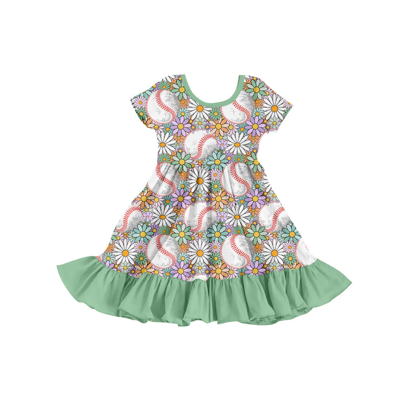 Baby Girls Baseball Flowers Ruffle Knee Length Dresses Preorder(moq 5)