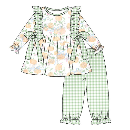 Baby Girls Green Pumpkin Bows Tunic Ruffle Pants Clothes Sets Preorder(moq 5)