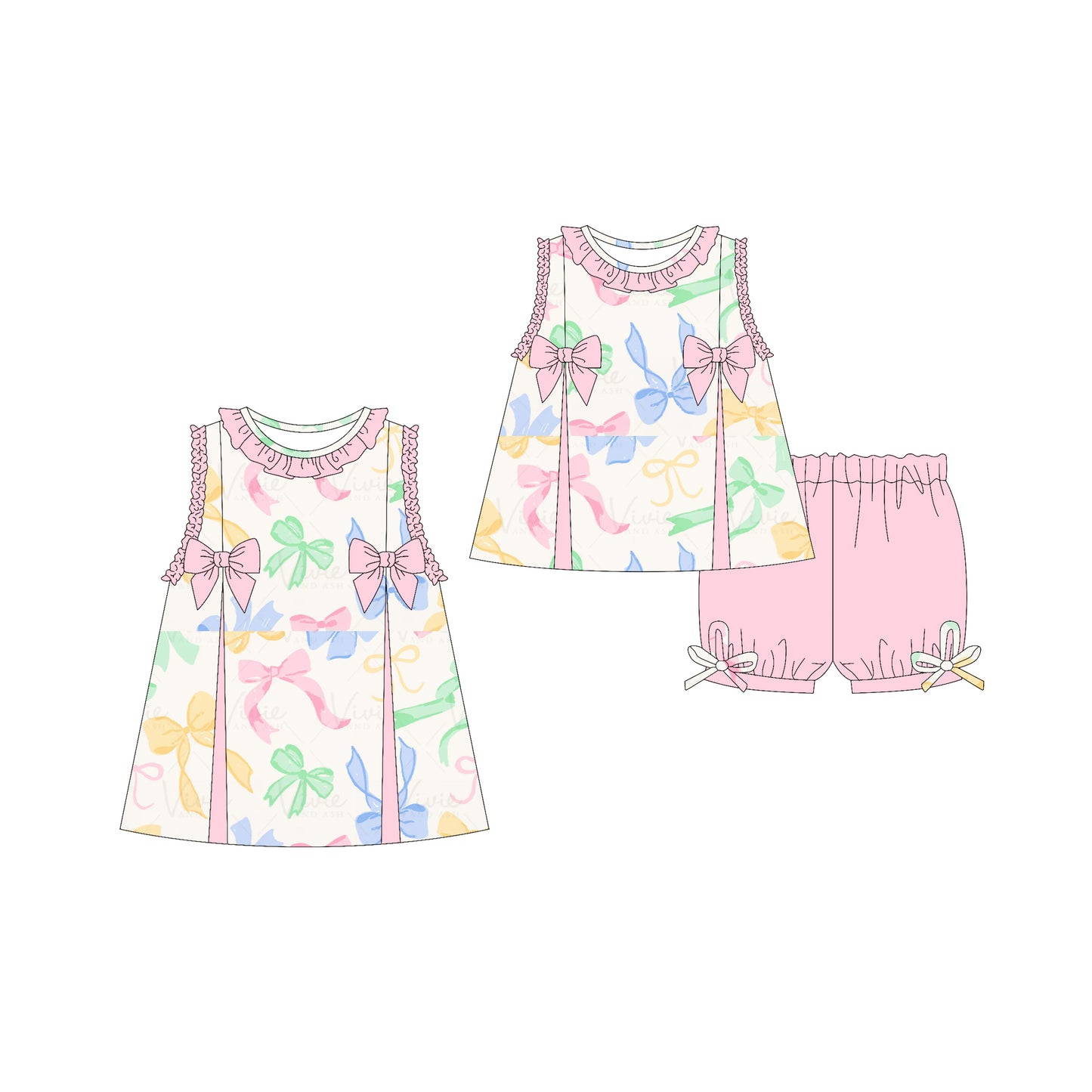 Preorder moq 5 Custom Baby Girls Sleeveless Colorful Bows Tunic Pink Ruffle Short Set Knee Length Dresses