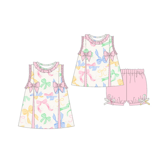 Preorder moq 5 Custom Baby Girls Sleeveless Colorful Bows Tunic Pink Ruffle Short Set Knee Length Dresses