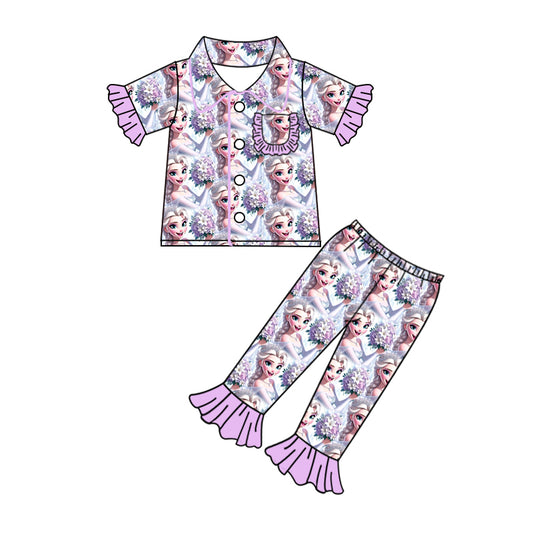 Preorder (moq 5)Baby Girls Lavender Sister Princess Pocket Buttons Top Pants Pajamas Clothes Sets