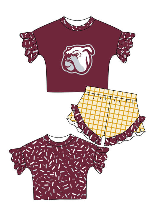 Preorder (moq 5)Baby Girls Red Back Sprinkles Bulldogs Top Checked Ruffle Shorts Team Clothes Set