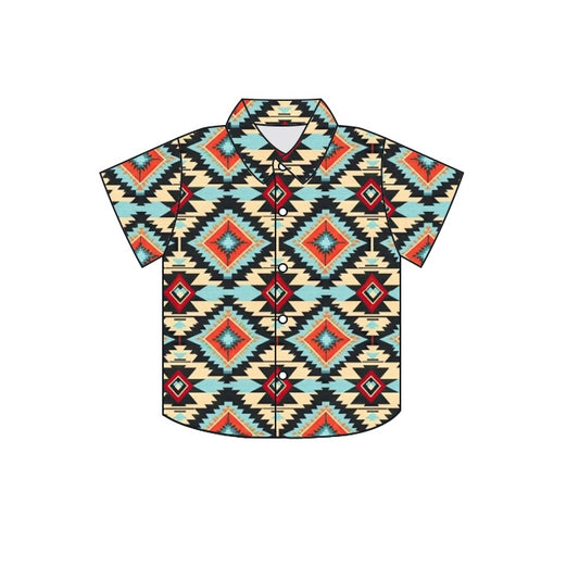 Baby Boys Western Aztec Blue Buttons Short Sleeve Tee Shirts Tops preorder(moq 5)
