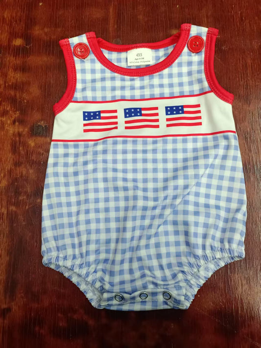 Preorder moq 5 Baby Boys Red Sleeveless Blue Plaid Flags 4th Of July Rompers