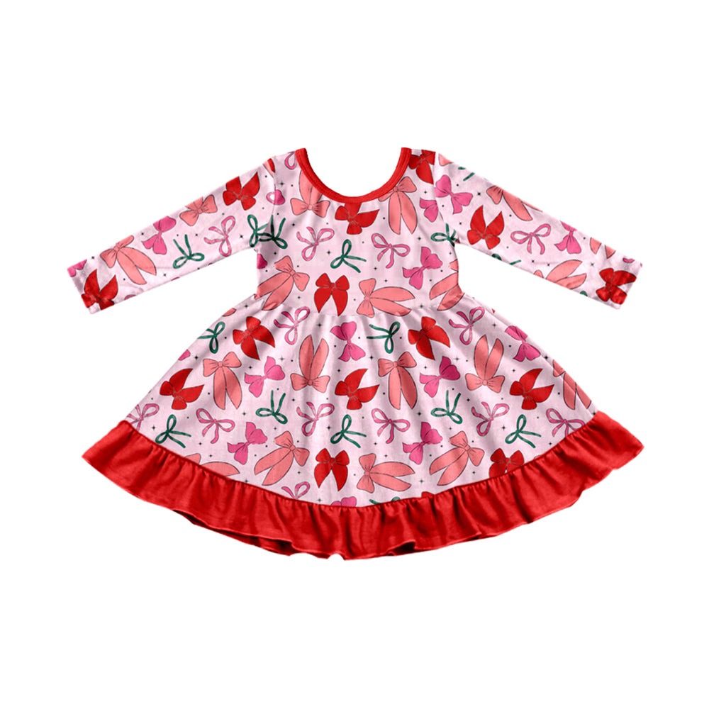 Preorder (moq 5)Baby Girls Green Red Bows Stars Christmas Ruffle Knee Length Dresses