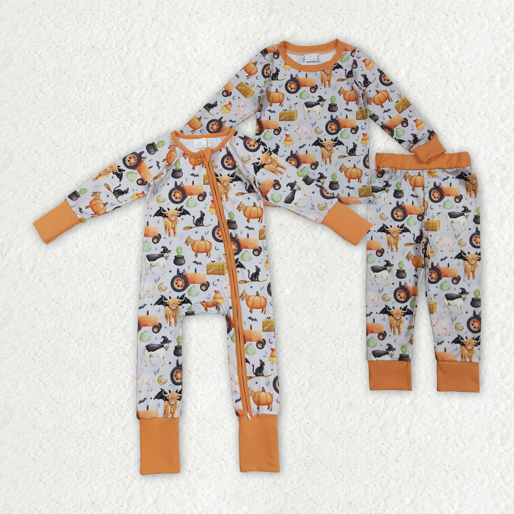 Sibling Baby Boys Pumpkins Bats Halloween Zipper Footie Rompers Pajamas Sets